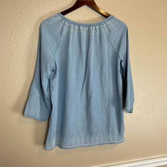 J Jill Denim Womens Chambray Embroidered Top Size M Blue Long Sleeve Tassel Boho - Picture 4 of 12